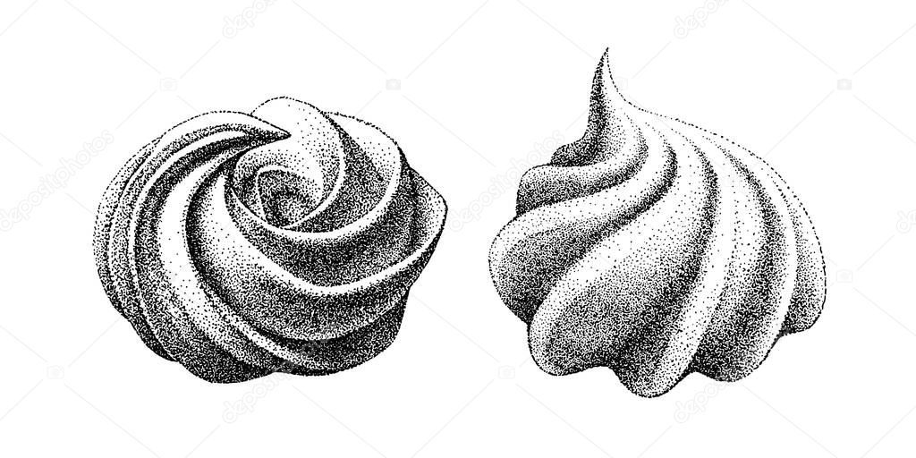 two types of airy french meringue, marshmallow, zefir. Hand drawn vector Illustration in graphic vintage retro style. sweetness, sweet cake, dessert.