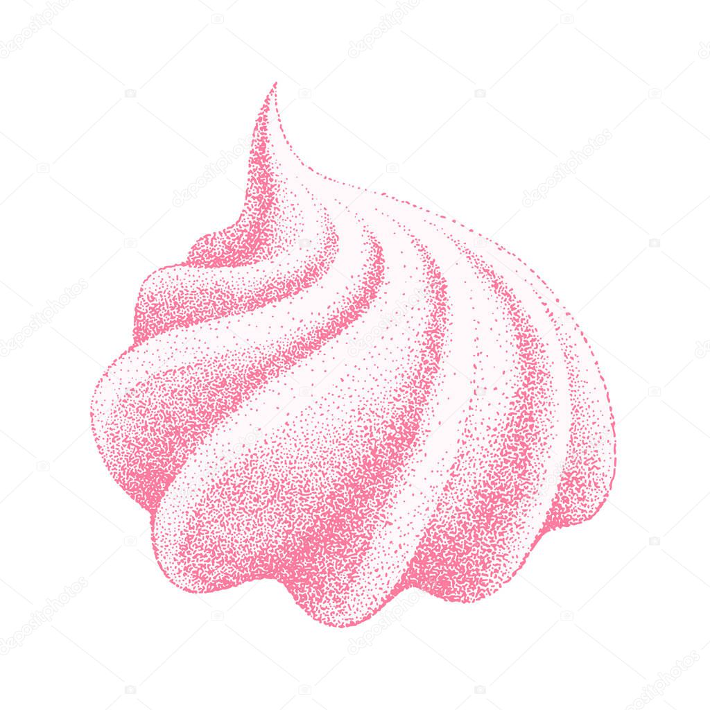 airy french meringue twirls pink, marshmallow, zephyr. Hand drawn vector Illustration in graphic vintage retro style. sweetness, sweet cake, dessert.