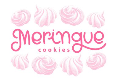 Fransız kremalı pasta, logoti, marşmelov, zephyr. Tatlım, tatlı kek. Harfleri olan bir vektör. Kaligrafi ile grafiksel antika biçimi.
