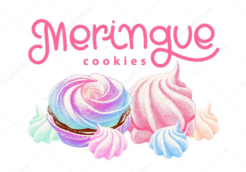 Logotype of set airy french meringues twirls, marshmallow, zephyr. Vector with calligraphy. sweetness, sweet cake. lettering for sweet shop, pastry.