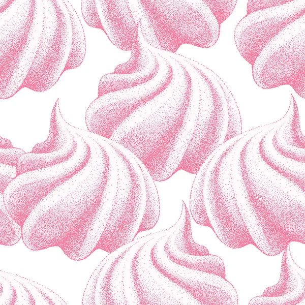 Seamless pattern with pink airy french meringues, marshmallow, zephyr. Sweetness, sweet cake, dessert. Vector in graphic vintage retro style. — Stock Vector