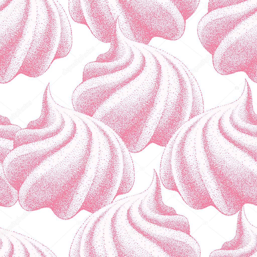 Seamless pattern with pink airy french meringues, marshmallow, zephyr. Sweetness, sweet cake, dessert. Vector in graphic vintage retro style.