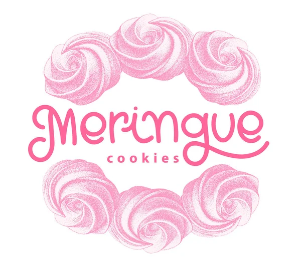 Logotipo com giros de merengue francês arejado rosa, marshmallow, zephyr. doçura, doce bolo. Esboço com letras. estilo retro vintage gráfico. — Vetor de Stock