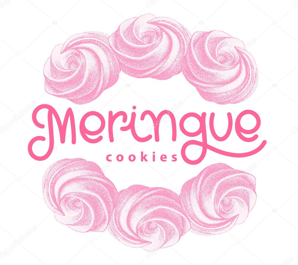 Logotype with pink airy french meringue twirls, marshmallow, zephyr. sweetness, sweet cake. Sketch with lettering. graphic vintage retro style.