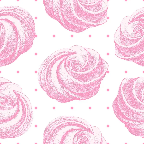 Seamless pattern with pink airy french meringues, marshmallow, zephyr. Sweetness, sweet cake, dessert. Vector in graphic vintage retro style. — Stock Vector