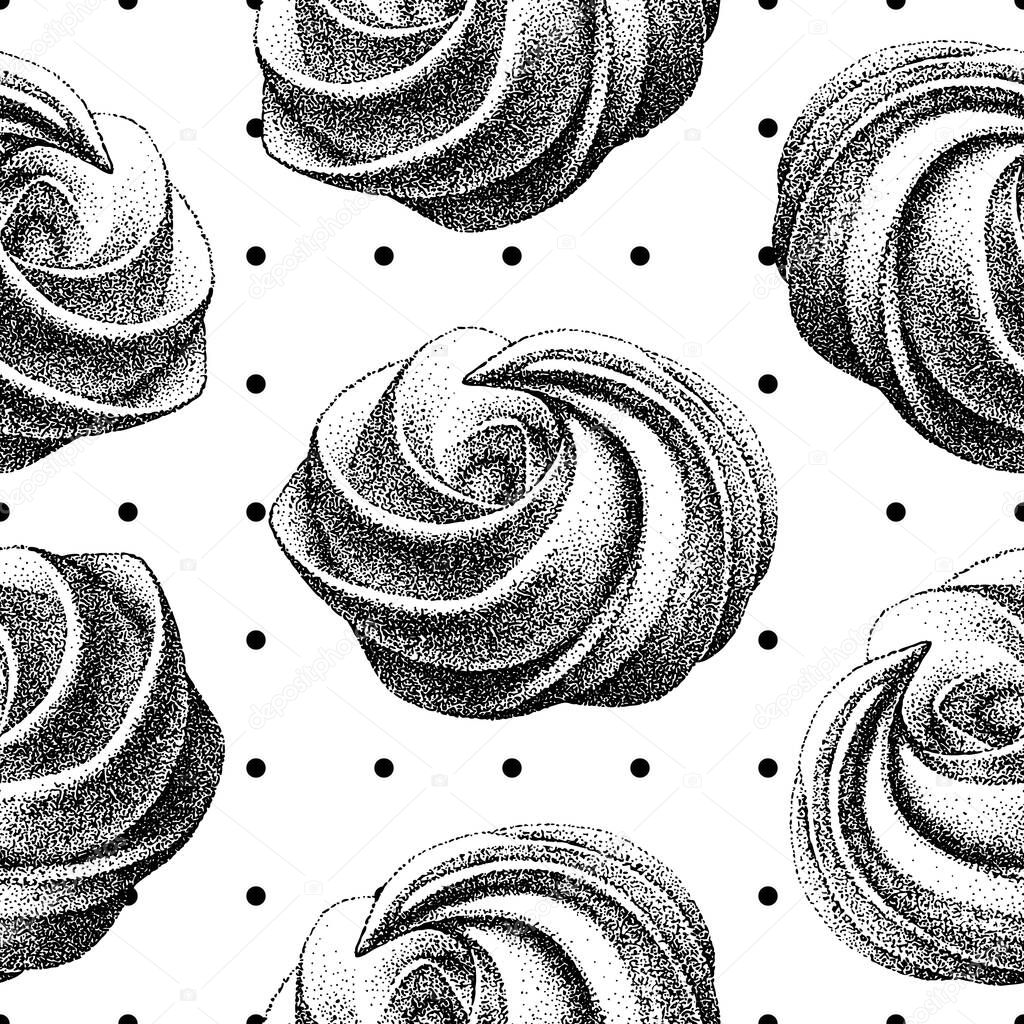 Seamless pattern with airy french meringues, marshmallow, zephyr. Sweetness, sweet cake, dessert. Vector in graphic vintage retro style.