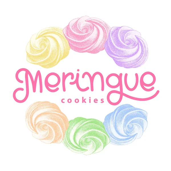 Logotipo com giros de merengue francês de cor, marshmallow, zephyr. doçura, doce bolo. Esboço com letras. estilo retro vintage gráfico. Emblema. — Vetor de Stock