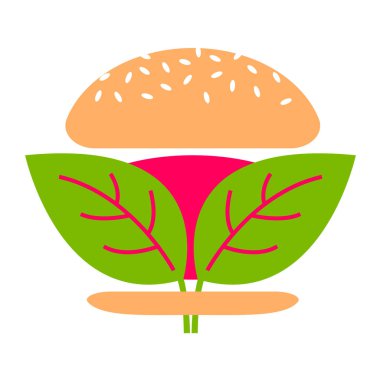 Et vektör simgesinin ötesinde. Bitki bazlı hamburger. Et pirzolası yerine yeşil yapraklar. Bitkilerden yapılmış vejetaryen ürünü..