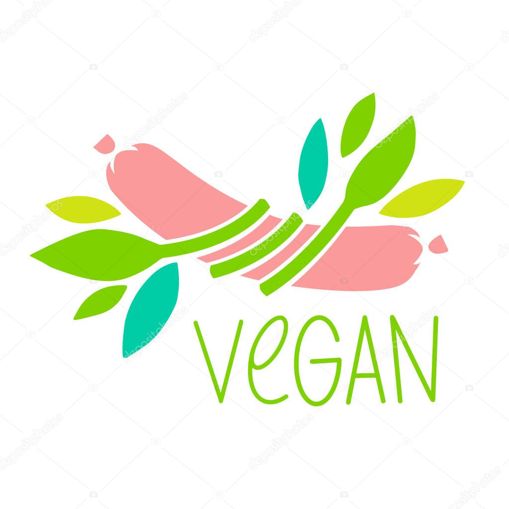Plant based meat concept. Vegan product. Sausage and green leaves isolated on white background. Organic natural vegetarian food. Vector illustration.
