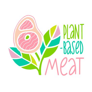 Bitki temelli et konsepti. Vejetaryen ürünü. Beyaz arka planda yalnız biftek ve yeşil yapraklar. Organik doğal vejetaryen yiyecekler. Vektör illüstrasyonu.