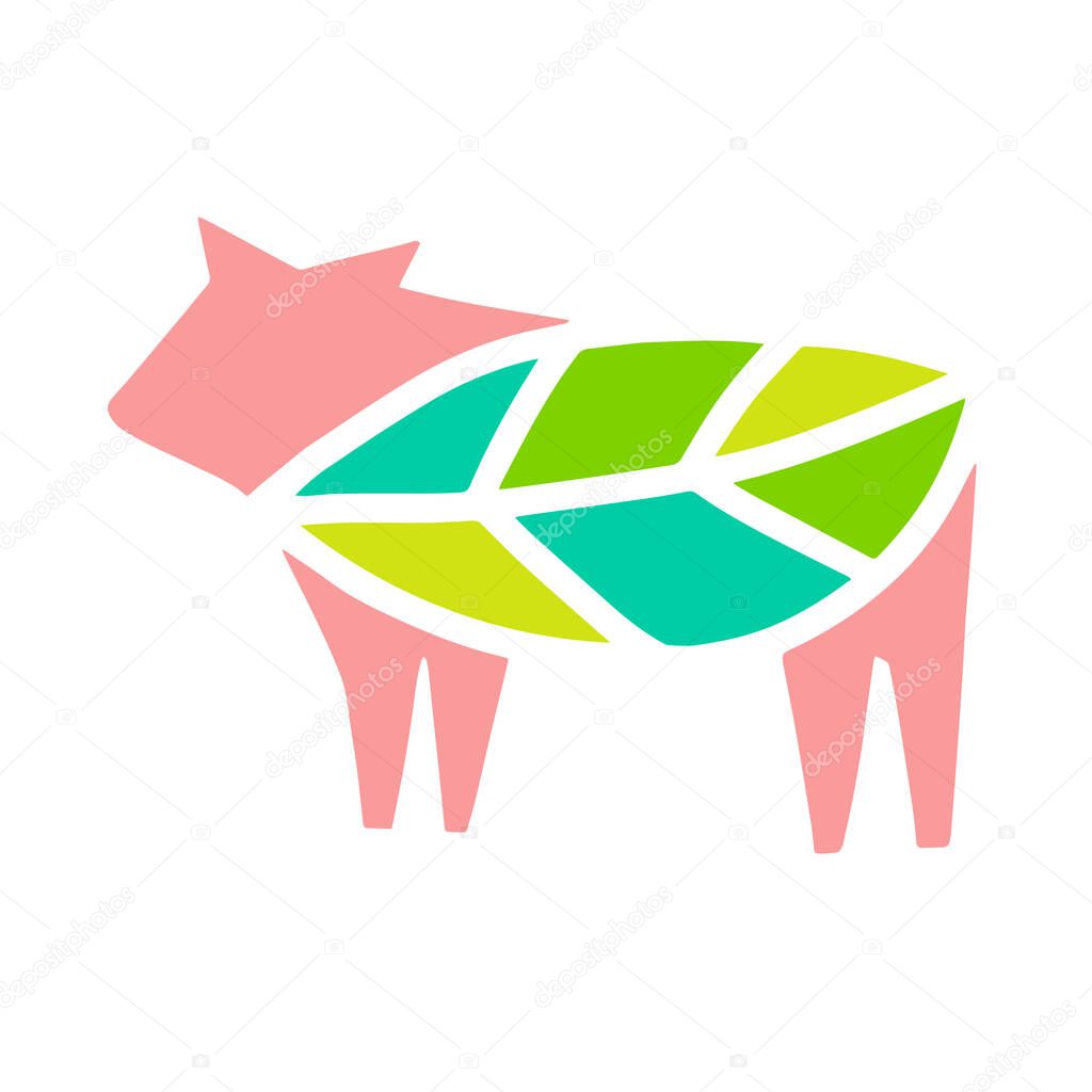 Beyond meat vector icon. Plant based food. Leaf instead of steak. Vegan meat made from plants. Butchering a cow in the form of a green leaf.