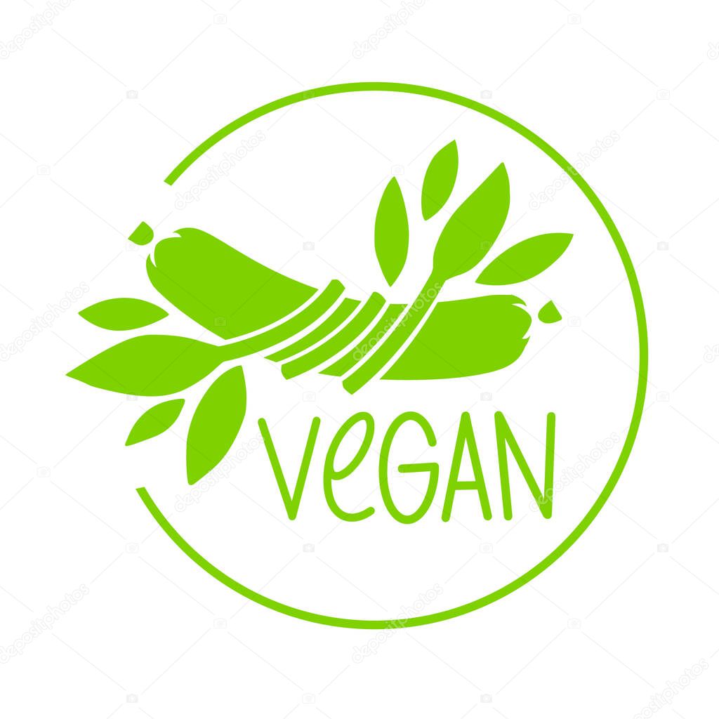 Plant based meat concept. Vegan product. Sausage entwined with plant leaves. Organic natural vegetarian food from plants. Green vector flat sign.