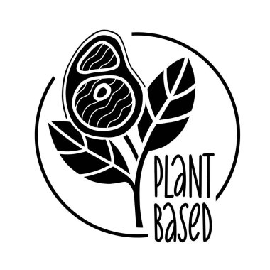 Bitki temelli et tabelası konsepti. Vejetaryen ürünü. Biftek bitki yapraklarından yetişir. Organik doğal vejetaryen gıdalar için siyah ve beyaz vektör düz simgesi.