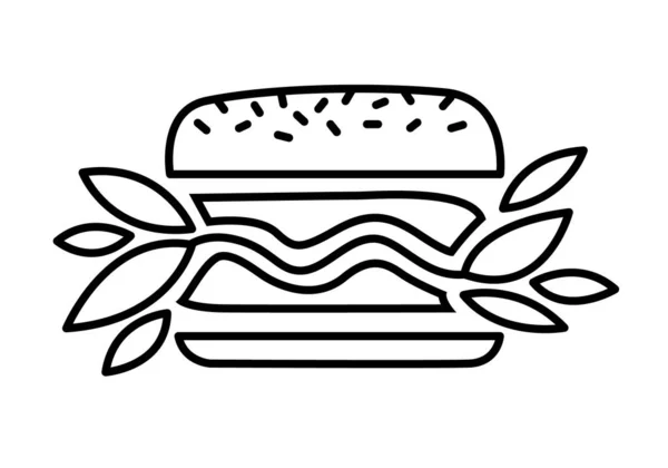 Vegan hamburguesa vector negro icono de línea. Hamburguesa de origen vegetal. Hojas verdes en lugar de chuleta de carne. Producto alimenticio elaborado a partir de plantas. — Archivo Imágenes Vectoriales
