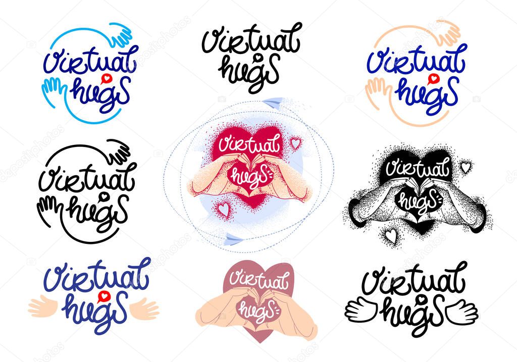 Set, virtual hugs icons. Vector modern lettering with hands and heart. Image collection on white background. Hugging phrase, social media connection.
