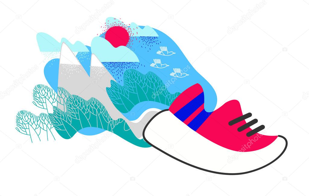 Trail Running, sport in nature. Outdoor running distance. Vector sneaker and mountain landscape with trees, sun, clouds, birds. Active lifestyle.