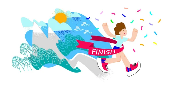 Trail Running, winner. Runner crossing finish line with red ribbon. Finisher of marathon with confetti. Athlete running a distance outdoors. — Stock Vector