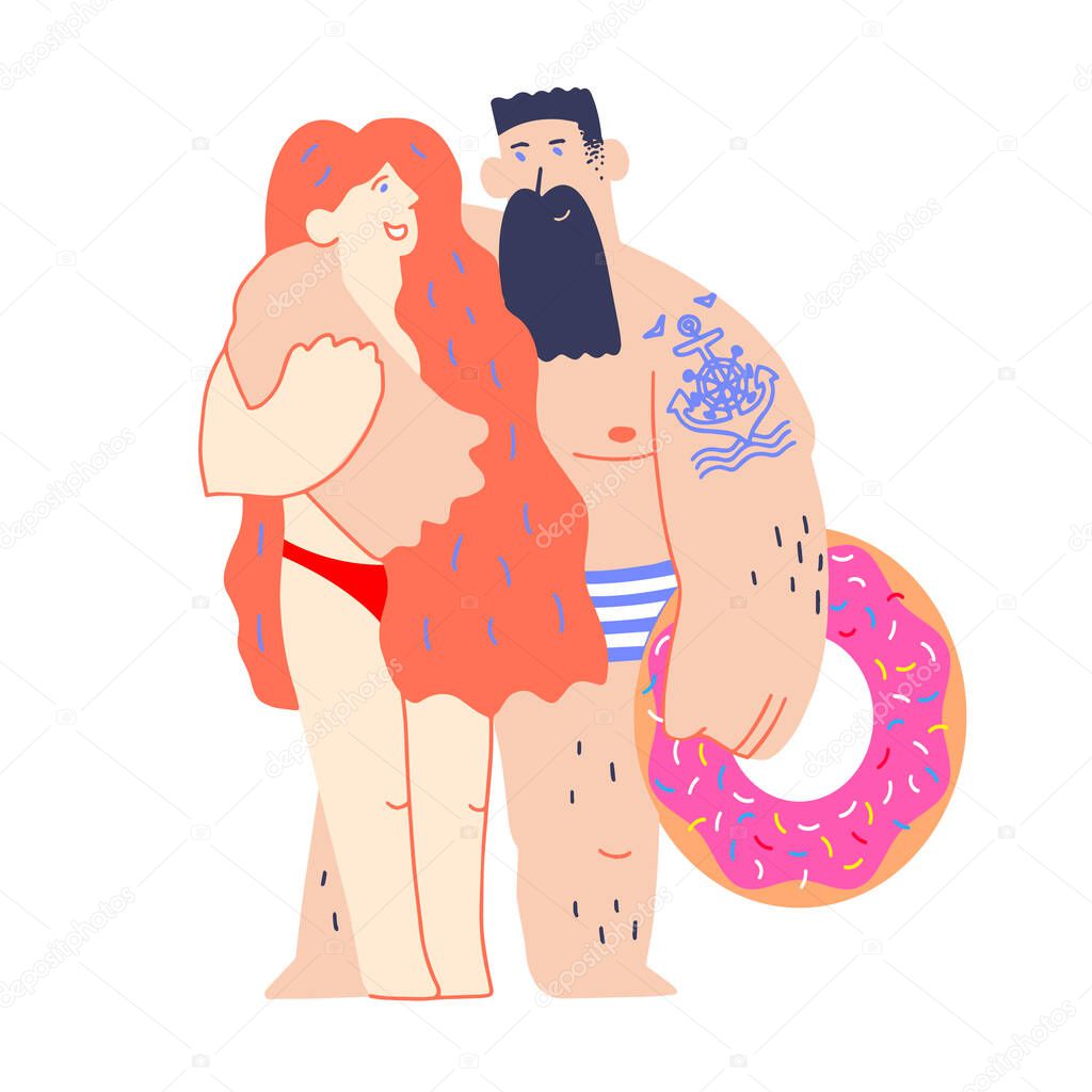 Happy young couple on beach, hugging each other. Summer vacation and beach holidays. Romantic Journey. Characters pair spending time on sea coast.