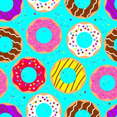 Donutlar pürüzsüz desen. Amerikan tatlısı, tatlı. Üst görünüm donut koleksiyonu menü tasarımı, kafe dekorasyonu, dağıtım kutusu için jöleye dönüşür.