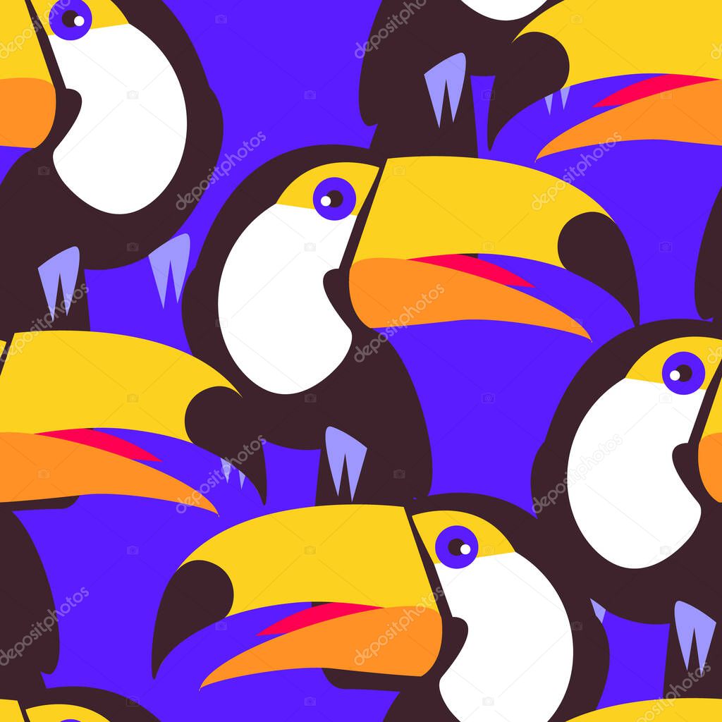 Seamless pattern with bird toucan. Bright blue background. Large yellow beak. Flat vector print for textile, fabric, gift wrap, wallpapers.