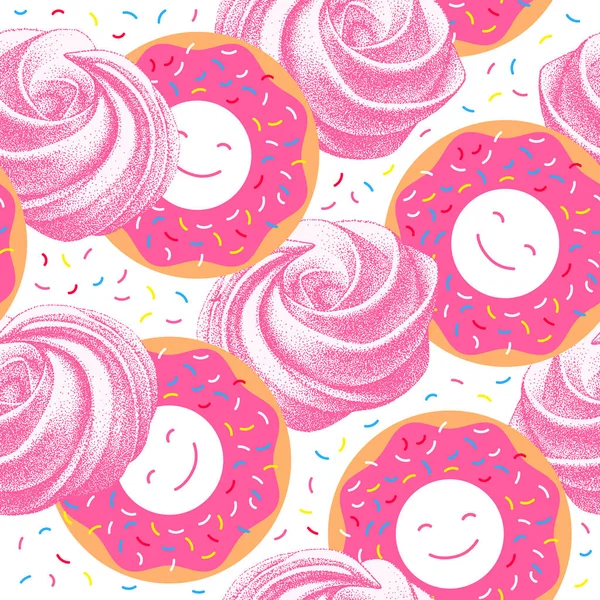 Söta tårtor sömlöst mönster. Glaserade munkar och maränger. Munkar och rosa luftig fransk marshmallow, zephyr. sötma, söt kaka, dessert. — Stock vektor
