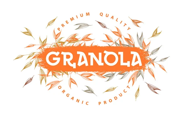 Granola logo vector template. Biologische product premium kwaliteit. Gezond voedsel logotype. Briefcompositie met spikeletten. Handgeschreven kalligrafie. — Stockvector