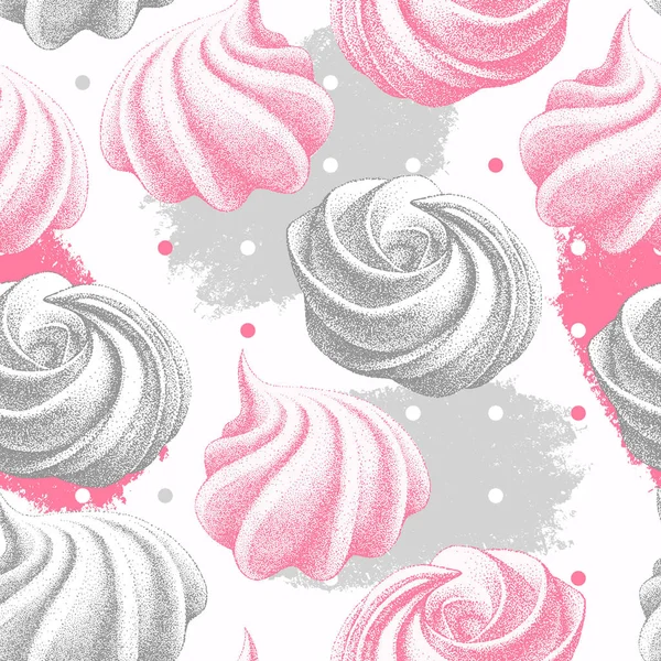 Pola mulus dengan warna airy meringues Perancis, marshmallow, zephyr. Vektor dalam gaya grafik retro. Manis, kue manis, makanan penutup. - Stok Vektor