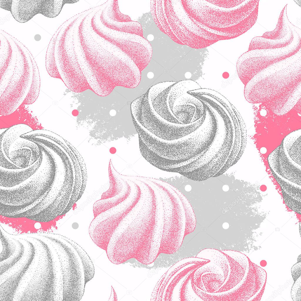 seamless pattern with color airy french meringues, marshmallow, zephyr. Vector in graphic vintage retro style. sweetness, sweet cake, dessert.