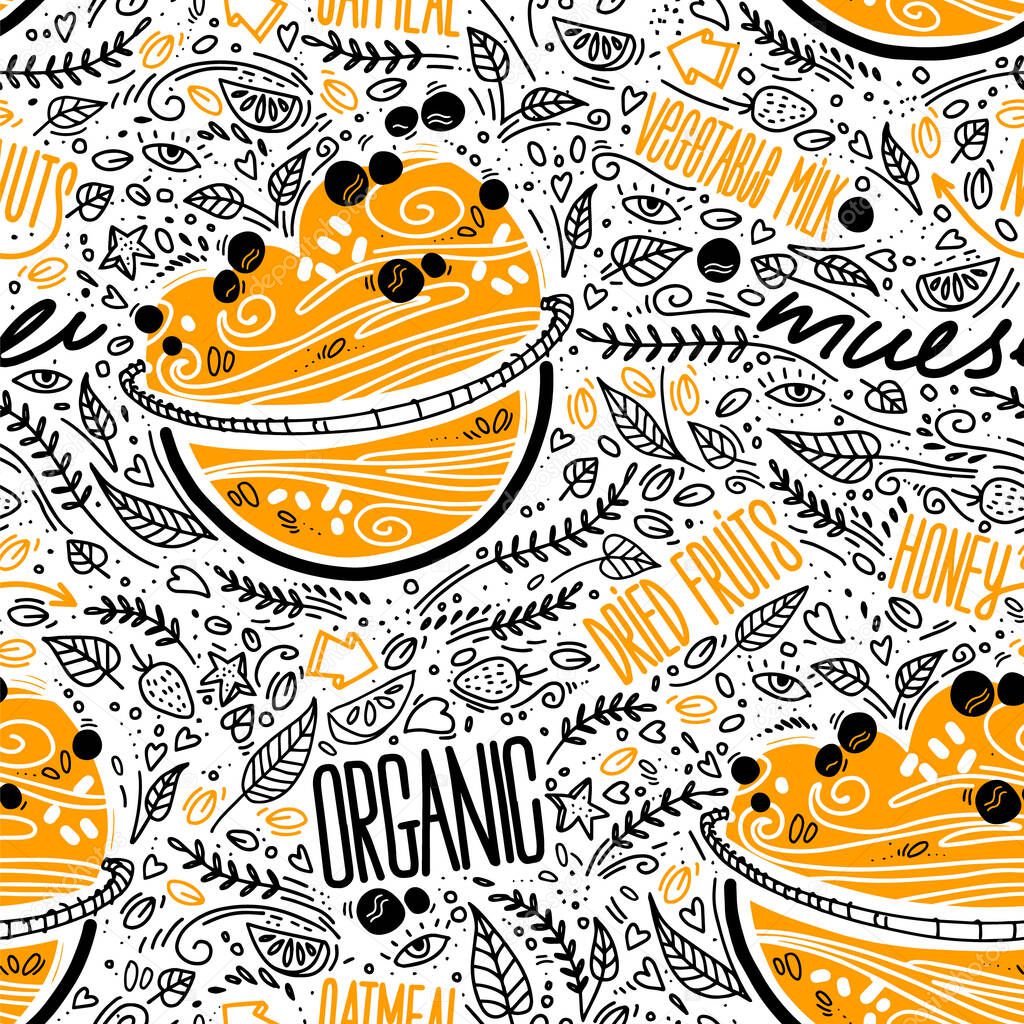 Seamless pattern with granola bowl. Hand Drawn sketch of oatmeal, organic muesli. Background in doodle style for kitchen, food brand. healthy porridge