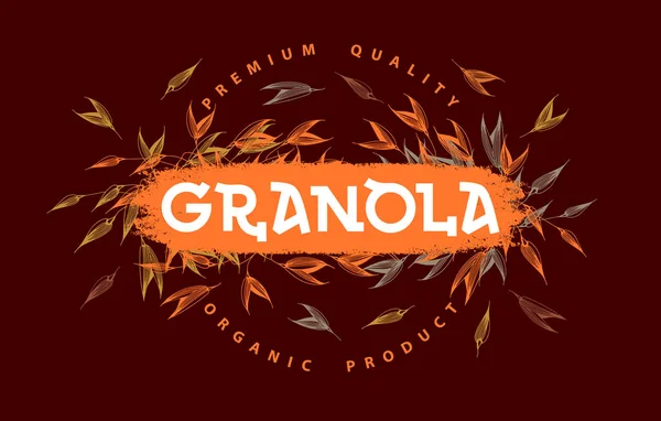 Granola logo vector template. Biologische product premium kwaliteit. Gezond voedsel logotype. Briefcompositie met spikeletten. Handgeschreven kalligrafie. — Stockvector