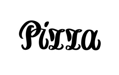 Pizza logosu, zarif el yazısı vektörü, beyaz arka planda izole edilmiş. İtalyan pizzası - Pizzacılar, restoranlar, kafeler için tasarım şablonu.