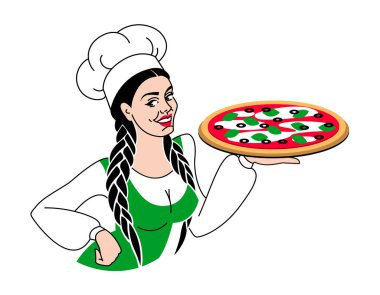 Genç ve güzel aşçı kız pizzanın tadına bakmayı teklif ediyor. Pizzacılar, restoranlar, kafe, menü, teslimat için. Kadın geleneksel İtalyan yemeği hazırlıyor..
