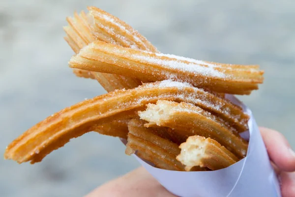 Freshly Cooked Churros Sprinkled Sugar Piled High White Paper Cone — Foto de Stock