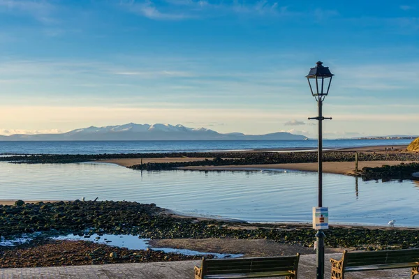 Looking Irvine Redeveloped Harbourside Old Harbour Snow Covered Isle Arran — Stock Photo, Image