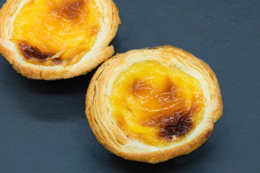 Koyu gri arka planda iki küçük kremalı tart..