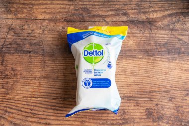 Irvine, Scotland, UK - June  15, 2021: Dettol branded anti bacterial wipes in plastic packaging Non recyclable packaging and contents are non flushable,