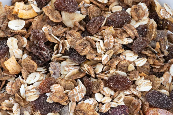 Une Vue Rapprochée Muesli Série Avec Des Raisins Secs Avoine — Photo