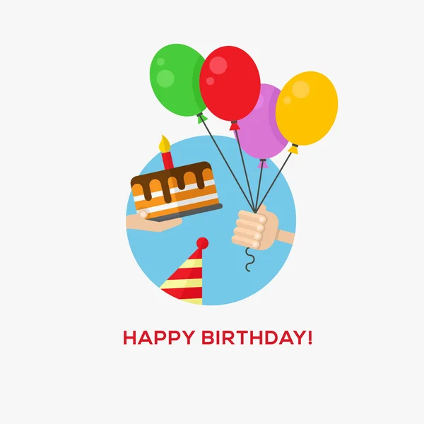 Feliz cumpleaños icono, mano con globos y pastel — Vector de stock