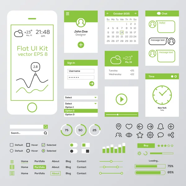 Kit interfaccia utente mobile verde piatto — Vettoriale Stock