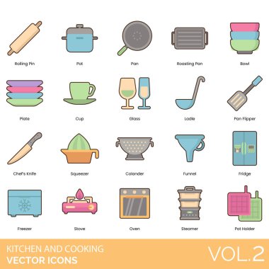 Mutfak ve Mutfak Simgeleri: Önlük, Pişirme, Blender, Kaynatma, Şişe Açacağı, Bowling, Ekmek, Tereyağı, Kamp Ateşi Pişirme, Peynir, Şef Kadın, Aşçı Erkek, Aşçı Şapkası, Aşçının Bıçağı, Chop, Chopper, Colander