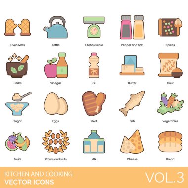 Mutfak ve Mutfak Simgeleri: Önlük, Pişirme, Blender, Kaynatma, Şişe Açacağı, Bowling, Ekmek, Tereyağı, Kamp Ateşi Pişirme, Peynir, Şef Kadın, Aşçı Erkek, Aşçı Şapkası, Aşçının Bıçağı, Chop, Chopper, Colander