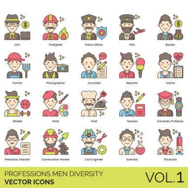 Meslek Farklılığı Simgeleri: Muhasebeci, Aktör, Hava Trafik Kontrolörü, Hayvan Eğitmeni, Mimar, Sanatçı, Yardımcı, Astronot, Astronom, Sporcu, Baker, Banker, Otobüs Şoförü, İş Dünyası