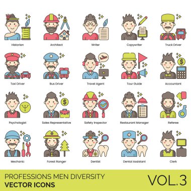 Meslek Farklılığı Simgeleri: Muhasebeci, Aktör, Hava Trafik Kontrolörü, Hayvan Eğitmeni, Mimar, Sanatçı, Yardımcı, Astronot, Astronom, Sporcu, Baker, Banker, Otobüs Şoförü, İş Dünyası