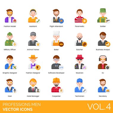Meslek Simgeleri: Muhasebeci, Aktör, Hava Trafik Denetçisi, Hayvan Eğitmeni, Mimar, Sanatçı, Astronot, Astronot, Astronom, Sporcu, Baker, Banker, Otobüs Şoförü, İş Analisti