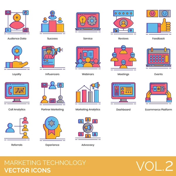 Seyirci verileri, başarı, hizmet, gözden geçirme, geri bildirim, sadakat, nüfuz, webinar, toplantı, olay, çağrı analizleri, ortak, gösterge paneli, ekommerce platformu, referans, deneyim, savunmacılık gibi pazarlama teknolojisi simgeleri.