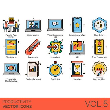 Yüz yüze görüşme, çevrimiçi video konferans, ekran görüntüleme, dosyalama sistemi, kabine, kağıt kesicisi, entegrasyon, API, zaman izleme uygulaması, rapor, kronometre, kum saati, günlük günlük kaydı gibi verimlilik simgeleri.