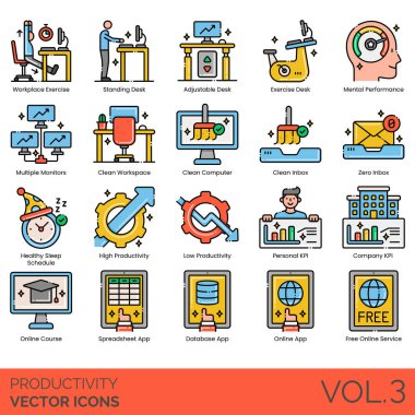 İş yeri egzersizleri, ayakta, ayarlanabilir masa, zihinsel performans, çoklu monitör, temiz bilgisayar, sıfır gelen kutusu, sağlıklı uyku çizelgesi, yüksek, düşük, kişisel KPI, şirket, çevrimiçi kurs, hesap tablosu, veritabanı, ücretsiz ser