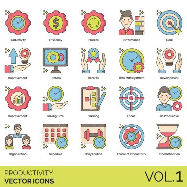 Verimlilik, süreç, performans, hedef, gelişme, sistem, fayda, yönetim, kalkınma, zaman tasarrufu, planlama, odaklanma, organizasyon, günlük rutin, düşman, gecikme gibi verimlilik simgeleri.