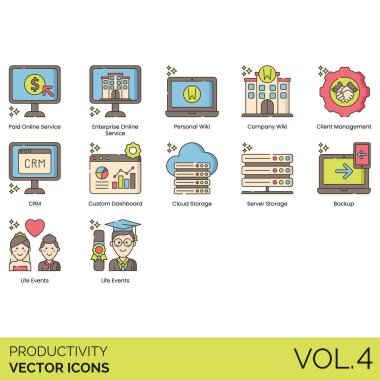 Ödenmiş çevrimiçi hizmet, girişim, kişisel wiki, şirket, müşteri yönetimi, CRM, özel gösterge paneli, bulut depolama, sunucu, yedekleme, yaşam olayları dahil olmak üzere verimlilik simgeleri.