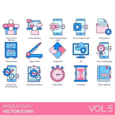 Yüz yüze görüşme, çevrimiçi, video konferans, ekran görüntüleme, dosyalama sistemi, kabine, kağıt kesicisi, bütünleşme, API, zaman izleme uygulaması, rapor, kronometre, kum saati, günlük günlük günlük kayıt.